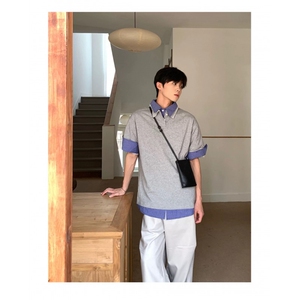 得物抖音高品质二开 夏季美式潮牌高街假两件格子衬衣翻领短袖T恤图片