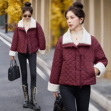 羊羔毛领拼接羽绒棉服女短款2025冬季新款小香风菱格夹棉保暖外套，女装棉衣/棉服，天丽