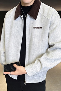 6022-M-2XL-P155店主风秋季男士休闲翻领拼色刺绣毛呢夹克外套男图片