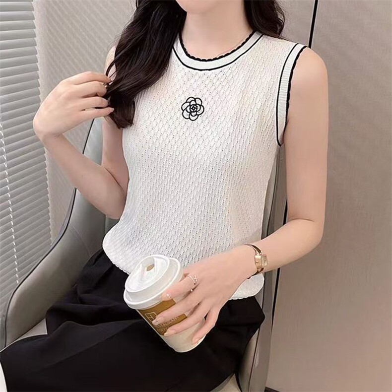 夏季圆领冰丝山茶花花边领撞色针织背心女打底衫无袖砍袖百搭薄款,女装背心吊带,萱芳婷羊绒