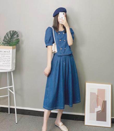 珍珠扣牛仔套裙，女装，媞默