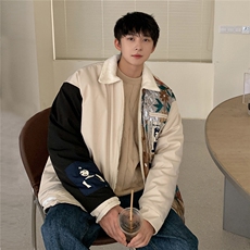 1港风外景刺绣拼接翻领羊羔毛大码M-5XL棉衣外套男8723P110控148，男装棉衣，星座226-2