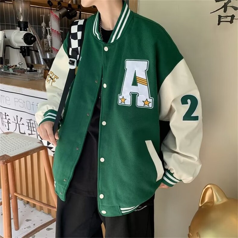 2022美式复古植绒刺绣棒球服外套男街头宽松情侣休闲夹克Z904P55图片