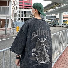 B239-1130-P38欧美式天使雕像印花复古水洗做旧落肩袖短袖T恤，男装T恤，星座514-2(原B239)