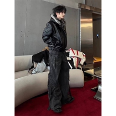 美式黑色连帽座山雕皮衣外套棉服男冬季加绒加厚痞帅毛领棉衣夹克，男装夹克，四季星座505