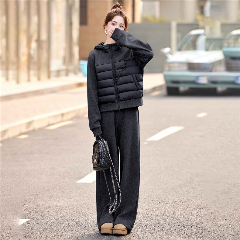2025冬新款韩版拼接连帽90绒羽绒服外套配加厚松紧腰卫裤套装,女装羽绒服,瑶迪依秀