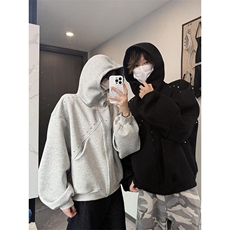 抖音得物高品质二开26春装美式高街铆钉拼接纯色开衫卫衣外套W122，女装短外套，电商A486