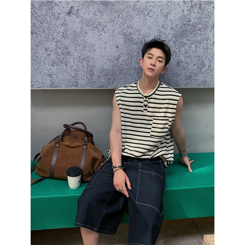 260克重磅亨利领条纹撞色夏季无袖背心美式潮流男士短袖T恤P35，男装背心/马甲，电商C306-1