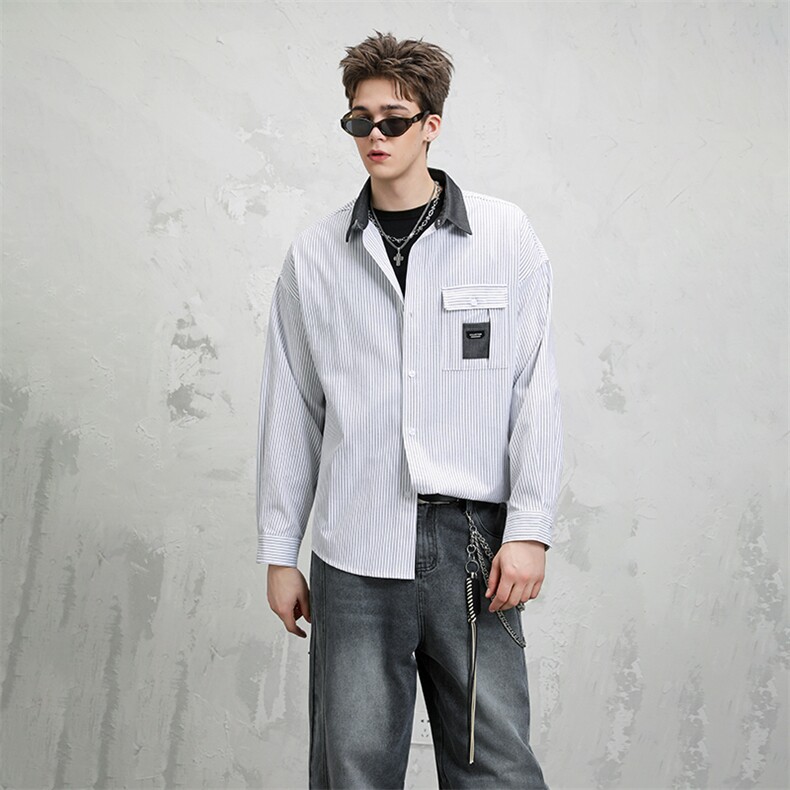 311B-1-YZ7089-P57控105美式潮牌高街条纹衬衫宽松休闲透气上衣，男装衬衫，星座311B-1