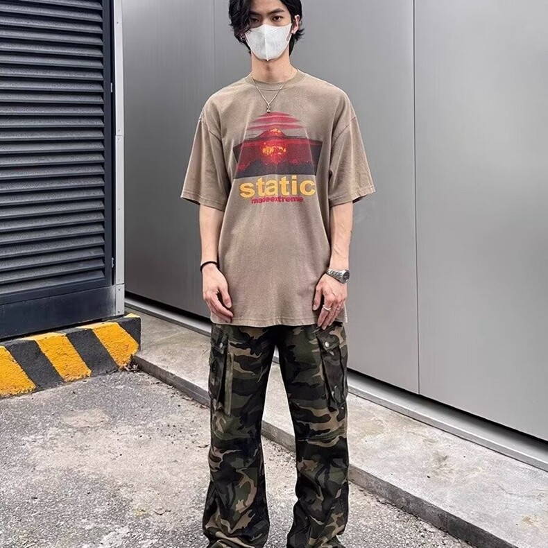 松紧腰迷彩休闲裤男款欧美高街裤子美式复古宽松直筒裤多口袋潮,男装休闲裤,星座218-8