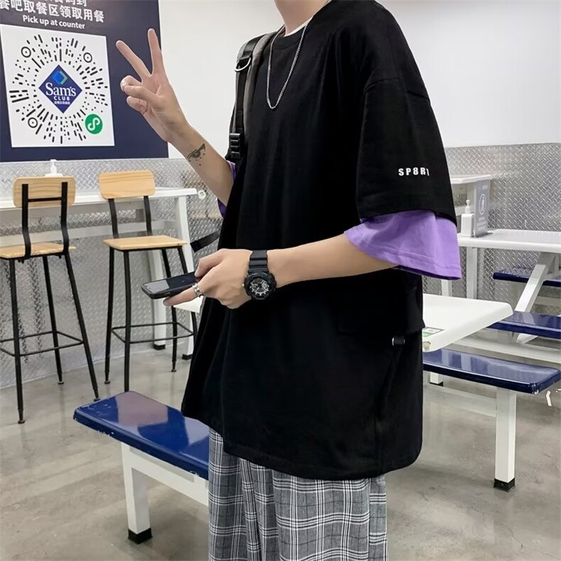 假两件t恤男韩版潮流拼色2023夏季新款ins宽松百搭体恤ST057-P32,男装T恤,星座412-3
