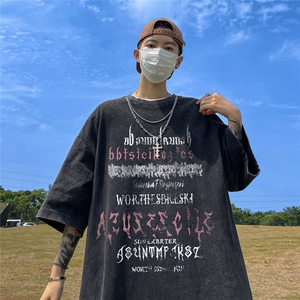 港风 个性字母印花百搭带链条短袖圆领丐版T恤 DT6342 P40控58图片