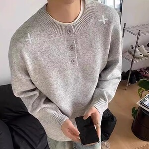 灰色美式亨利领毛衣男秋冬季高级感懒惰风打底针织衫内搭MY298图片