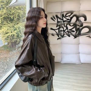 简约潮流咖色美拉德翻领皮衣外套女2025秋季日系松弛风复古pu夹克图片