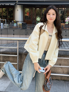 米白色休闲时尚撞色拼接外套女2025春季新款小个子设计感宽松夹克图片