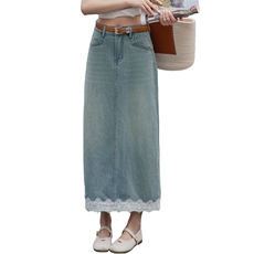 牛仔半身裙女春秋2025新款小个子高腰a字中长款浅色开叉包臀裙子，女装半身裙，跑量工厂店