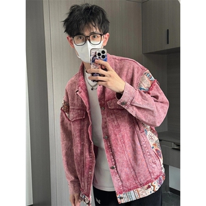复古拼接牛仔外套男春秋宽松设计感小众休闲工装夹克上衣 N2104图片