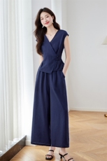 新中式套装女夏季新款复古盘扣文艺上衣阔腿裤两件套，女装套装/套裙，姿衣坊