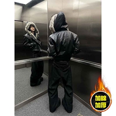 现货冬季美式潮牌痞帅PU皮机车服棉衣毛毛绒狼王座山雕皮棉服，男装棉衣，电商A486-1