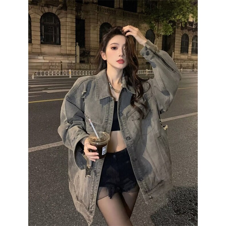 2025美式高街设计感水洗破洞牛仔外套男女春季做旧工装潮vibe夹克,男装工装外套,星座1210-1