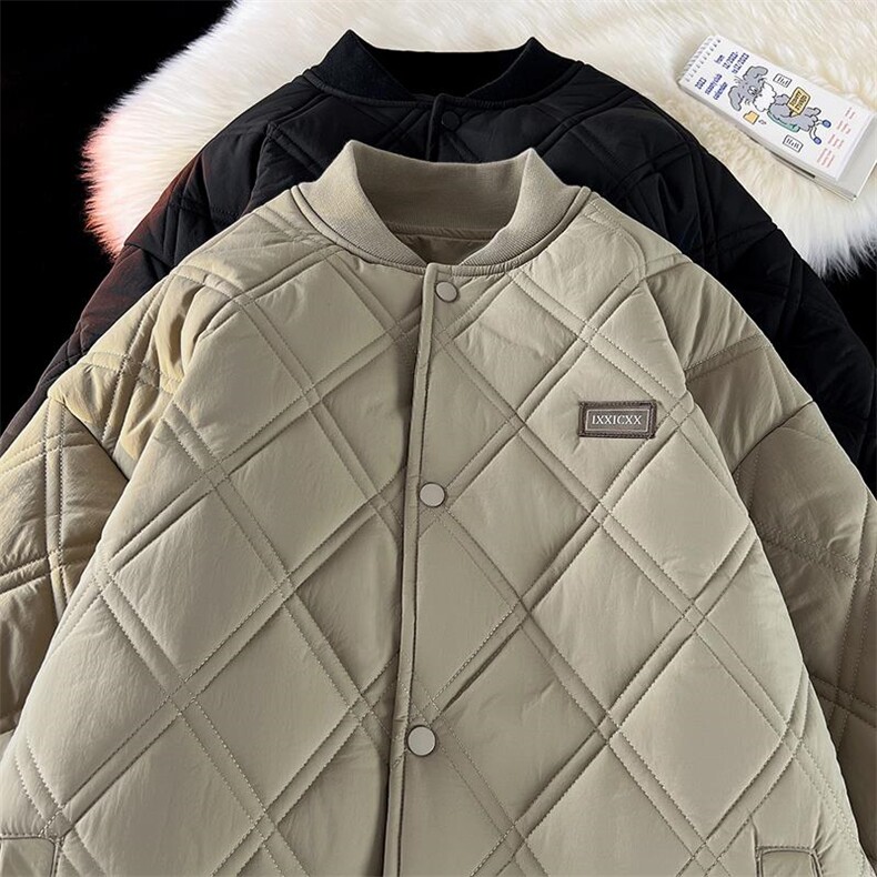 港风菱形格加棉加厚棒球服男美拉德风保暖棉衣外套M51-特P90控158，男装棉衣，电商A001