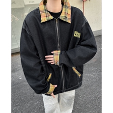 潮牌格子撞色翻领牛仔外套男女同款春秋季情侣夹克上衣JK03365，男装夹克，星座308B-1