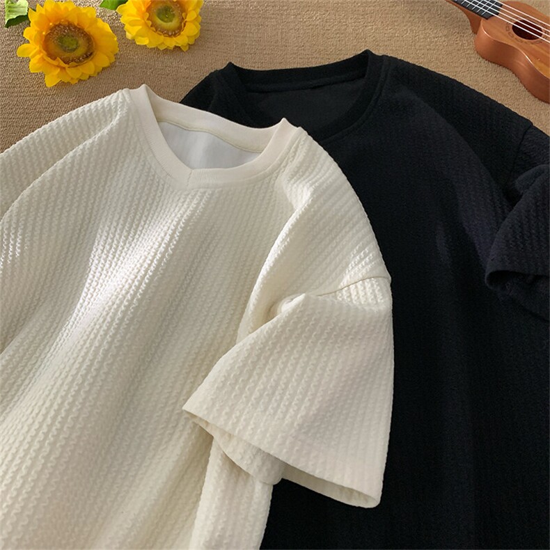 纹理感v领短袖t恤男夏季薄款慵懒情侣潮牌潮流宽松大码半截袖体恤，男装T恤，电商A001