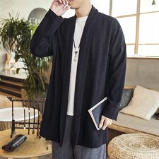 中国风秋款无扣风衣纯色落肩袖开衫长袖亚麻外套无扣汉服D254P75，男装针织衫/毛衣，星座312B-2