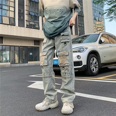 美式水洗牛仔裤高街设计感潮牌复古立体贴袋多口袋直筒BK36-P75，男装牛仔裤，星座1109-3