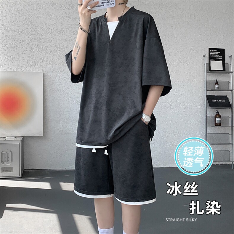 特批P55无差价25夏季冰丝顺滑扎染假两件休闲大码两件套男TZ5362,男装休闲套装,电商A001