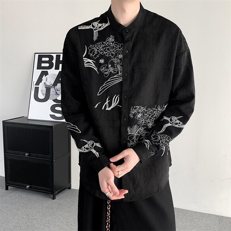 春装新中式立领刺绣衬衫男女加肥加大码宽松拼接宽松衬衣外套,男装衬衫,星座909