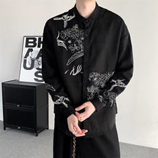 春装新中式立领刺绣衬衫男女加肥加大码宽松拼接宽松衬衣外套，男装衬衫，星座909