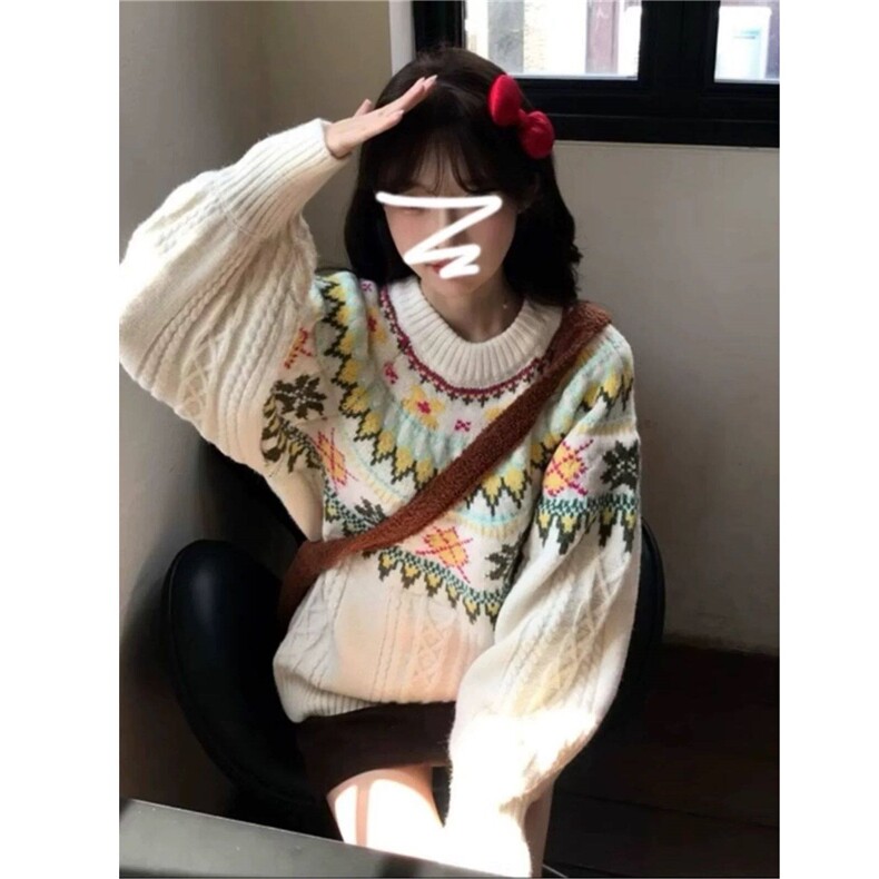 费尔岛毛衣秋冬女宽松慵懒高级感民族风重工提花圆领套头针织衫厚,男装针织衫/毛衣,星座506A