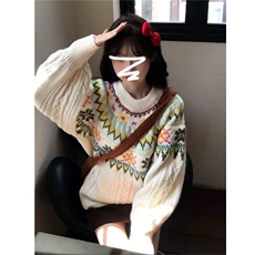 费尔岛毛衣秋冬女宽松慵懒高级感民族风重工提花圆领套头针织衫厚，男装针织衫/毛衣，星座506A