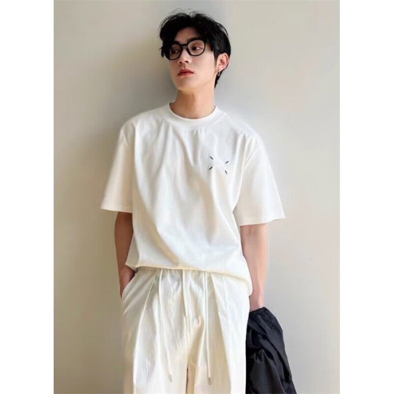 夏季新款ins潮牌简约纯色短袖t恤男宽松棉质小领口上衣 TF80图片