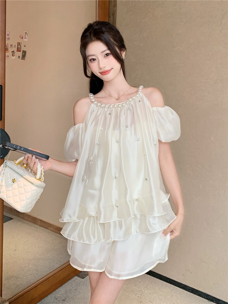 新款2239-P185-K275富家千金露肩泡泡珍珠挂脖镶钻套装,女装套装/套裙,网红馆