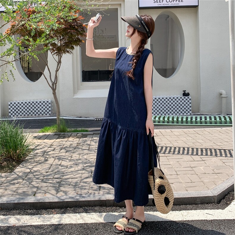 韩系轻薄无袖牛仔背心裙女2025夏民族花边宽松显瘦减龄纯欲连衣裙,女装连衣裙,2C159