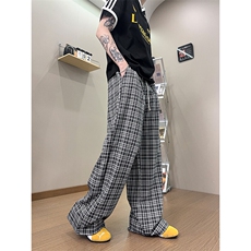 XK468-P35灰色格子裤男夏季薄款慵懒松弛感美式休闲阔腿直筒裤，男装休闲裤，电商A178