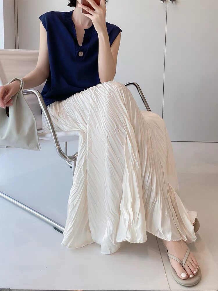2025年秋季新款百搭松紧褶皱光泽半身裙，女装半身裙，织己羊绒