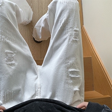 美式vibe裤子男ins潮水洗破洞毛边牛仔裤男直筒微喇叭裤N1433-p45，男装牛仔裤，星座1008-1