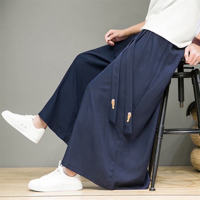 夏季风宋制改良汉服绣花长裤古装冰丝阔腿裤情侣潮K332/P85，男装民族服装，钱塘713