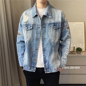 JK818-P90-现货店主风牛仔夹克肥仔量足破洞印花大码图片