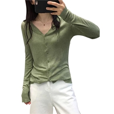 2025年春季冰丝针织开衫外套女士新款薄款V领打底衫内搭长袖上衣，女装针织衫/毛衣，千御纺羊绒
