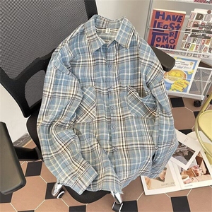 复古磨毛格纹长袖衬衫外套男女美式宽松休闲情侣内搭格子衬衣春潮图片