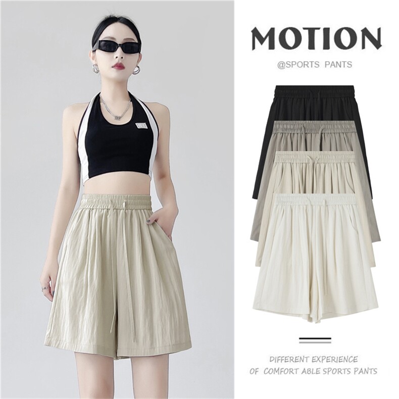 冰丝五分裤女夏天薄款外穿小个子松紧腰宽松休闲阔腿运动短裤，女装短裤/热裤，梦白服饰厂