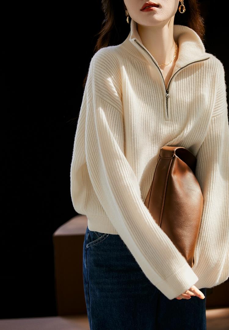 毛衣女新款2024秋冬套头半开拉链宽松慵懒35%羊绒衫,女装羊绒衫,澳霖羊绒