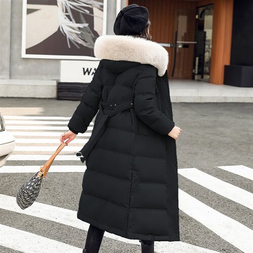 2021冬季新款时尚系带收腰显瘦气质真毛领长款连帽羽绒服，女装羽绒服，贵人树