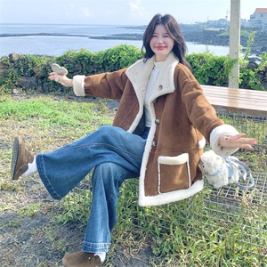 减龄两面穿咖色皮毛一体外套女冬季2025新款羊羔毛小个子加厚棉服图片