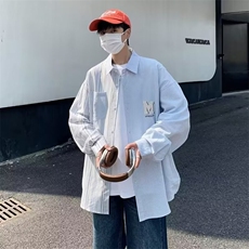设计感小众条纹拼接长袖衬衫男秋季新款潮牌学院风情侣上衣外套，男装衬衫，星座1013