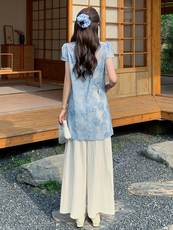 新中式国风套装女夏高级感复古提花时尚洋气减龄显瘦阔腿裤两件套，女装套装/套裙，玖莱伊